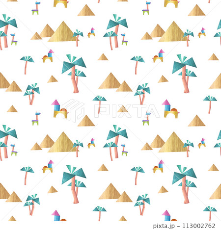 Palm trees, pyramids, animals built from wooden bricks. Watercolor seamless pattern of with historical Egyptian subject for kids. Illustration isolated on white background. For children print, textile 113002762