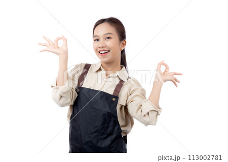 Portrait smiling young asian woman wearing apron showing ok sign with hand isolated. 113002781
