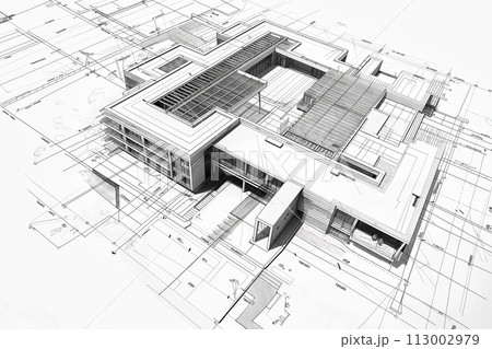 Architectural drawing and three-dimensional model of a public building, such as a school 113002979