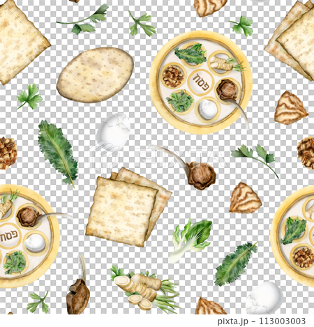 Passover traditional kosher food with seder plate watercolor seamless pattern on white with matzos for Jewish holiday designs, wrapping paper and tablecloths 113003003