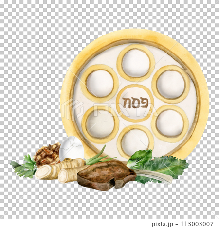 Gold Passover seder plate with traditional holiday food watercolor illustration isolated on white. Jewish holiday template with horseradish, parsley, egg, lamb leg bone, bitter herbs and charoset 113003007