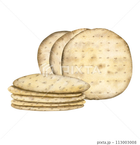 Round Passover matzah bread in stacks watercolor illustration isolated on white background. Traditional Pesach kosher food, hand drawn Jewish matzos for holiday designs Round Passover matzah bread in stacks watercolor illustration isolated on white background. Traditional Pesach kosher food, hand drawn Jewish matzos for holiday designs 113003008