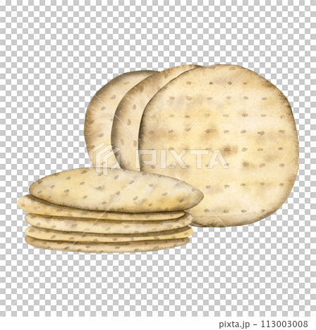 Round Passover matzah bread in stacks watercolor illustration isolated on white background. Traditional Pesach kosher food, hand drawn Jewish matzos for holiday designs 113003008