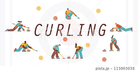 People playing curling sport game vector typography banner design, cartoon competition with curling stone and broom 113003038