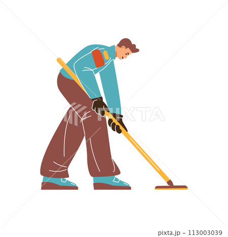Curling sport game player with curling broom vector flat illustration, cartoon sportsman glides brush with precision 113003039