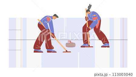 Team playing curling sport game on ice rink, vector cartoon competition with curling rock and glides brush 113003040