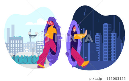 Vector illustration: teleport from daytime to nighttime. 113003123
