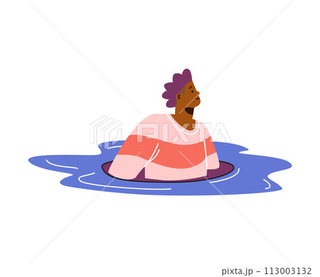 Person goes through portal or teleport, vector cartoon man in magic hole, divided upper body part, travel in dimension 113003132