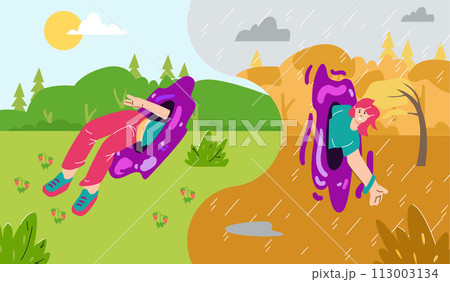 Vector journey: from sunny summer to rainy autumn, through a teleportation portal. Vector journey: from sunny summer to rainy autumn, through a teleportation portal. 113003134