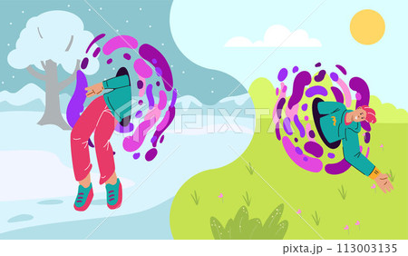 Person goes through teleport portal from winter to summer seasons, cold to warm weather, vector travel in time dimension Person goes through teleport portal from winter to summer seasons, cold to warm weather, vector travel in time dimension 113003135
