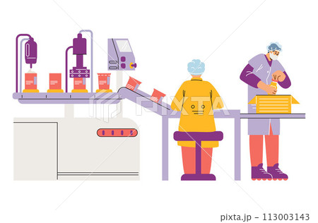 Cosmetics production industry, vector cartoon moving conveyor line with bottles and operator workers, packing in boxes 113003143