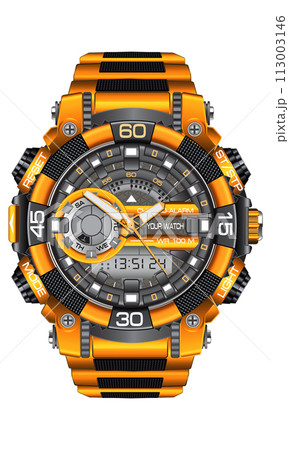 Realistic yellow grey watch clock chronograph sport modern for men on white background vector 113003146