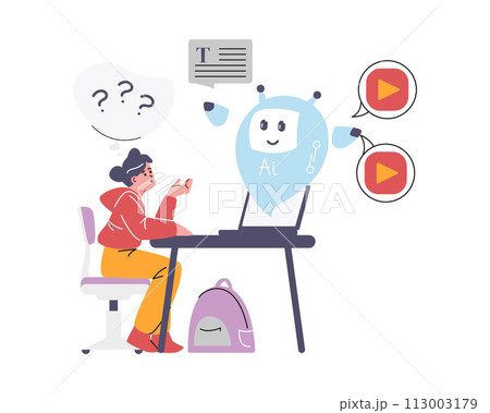 Schoolgirl with laptop studying with chat bot, online ai robotic assistance on the screen, vector digital education Schoolgirl with laptop studying with chat bot, online ai robotic assistance on the screen, vector digital education 113003179