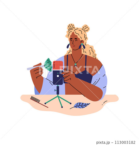 An vector image for creating content for relaxation ASMR: of a young blogger girl with a professional equipment An vector image for creating content for relaxation ASMR: of a young blogger girl with a professional equipment 113003182