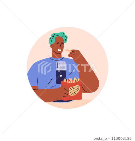 A vector icon with an image of an ASMR blogger guy with a microphone eating french fries/ 113003186
