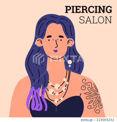 A vector flat illustration depicting a girl with piercings in her ears and nose, earrings, and steel rings. 113003232