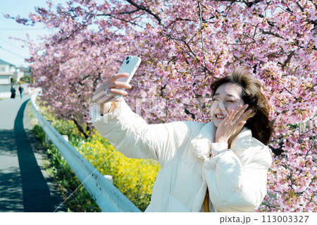 スマホで桜と自撮りをする女性 113003327