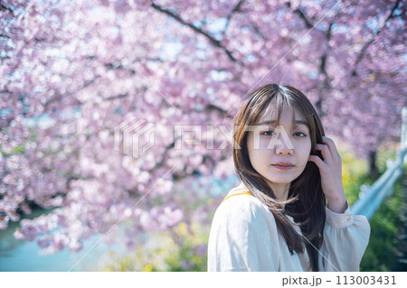 河津桜と女性 113003431