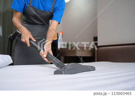 Woman removing dust and dirty on mattress with vacuum cleaner. Housekeeping and cleaning service concept 113003465