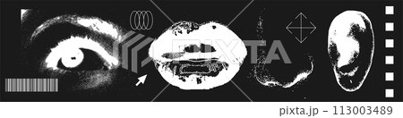 Retro photocopy effect face parts collection. Female eye, mouth, nose and ear with grunge punk messy texture. Trendy y2k aesthetic vector illustration. Ideal for anti-design , t shirt, tee print Retro photocopy effect face parts collection. Female eye, mouth, nose and ear with grunge punk messy texture. Trendy y2k aesthetic vector illustration. Ideal for anti-design , t shirt, tee print 113003489