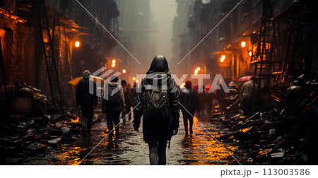 Refugees from Palestine, people leaving the war, a burning city - AI generated image 113003586