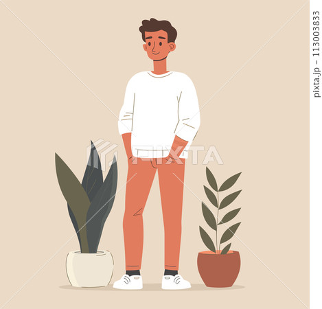 Young man standing near plants in pots. Vector illustration in flat style 113003833