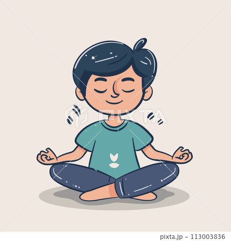 A young man is sitting cross legged in a lotus position with his hands on his knees. He is smiling and he is in a peaceful and relaxed state 113003836