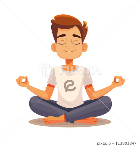A young man is sitting cross legged in a lotus position with his hands on his knees. He is smiling and he is in a peaceful and relaxed state 113003847
