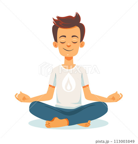 A young man is sitting cross legged in a lotus position with his hands on his knees. He is wearing a white shirt with a water symbol on it. Concept of calm and relaxation 113003849
