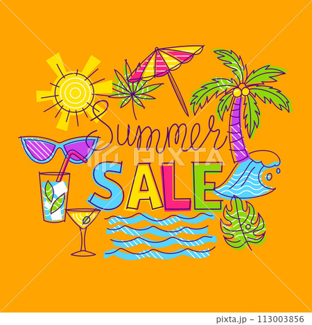 Background with summer items. Stylized beach objects. Background with summer items. Stylized beach objects. 113003856