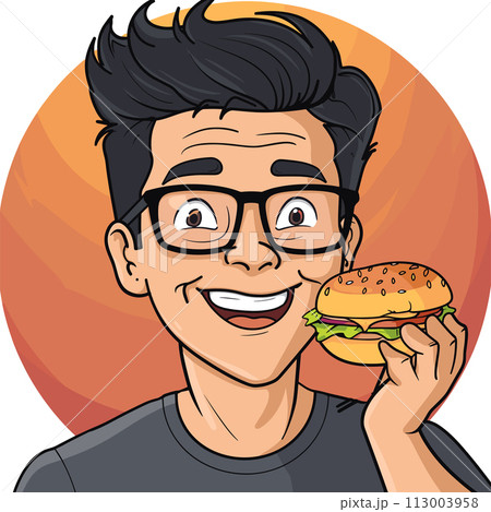 Illustration of a Man Eating a Hamburger and Smiling at the Camera 113003958