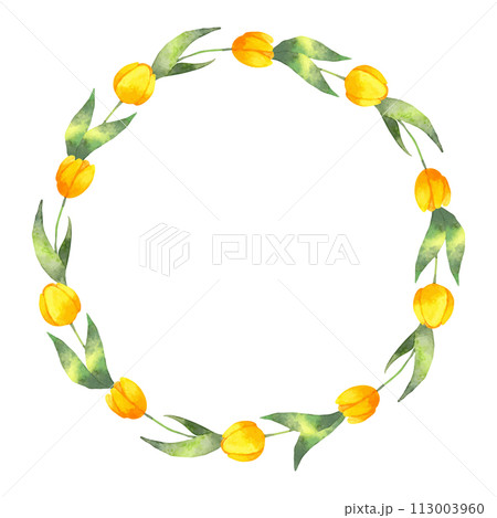 Wreath of yellow tulips with leaves. Watercolor illustration. Simple stylized style.Blooming summer wreath. Spring botanical frame for Easter for Mother's Day, Women's Day. Hand drawn art. Vector. Wreath of yellow tulips with leaves. Watercolor illustration. Simple stylized style.Blooming summer wreath. Spring botanical frame for Easter for Mother's Day, Women's Day. Hand drawn art. Vector. 113003960