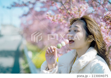 桜の下でお団子を食べる女性 113004075