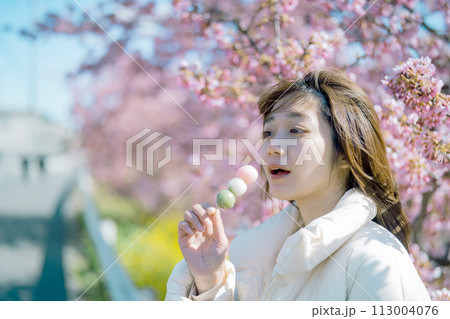 桜の下でお団子を食べる女性 113004076