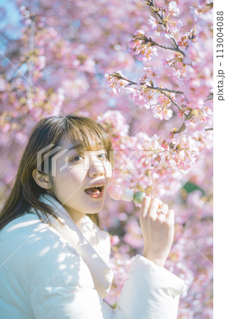 桜の下でお団子を食べる女性 桜の下でお団子を食べる女性 113004088