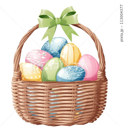 Basket with Easter eggs on an isolated background. Vector illustration for Happy Easter. Easter clipart for cards, stickers, etc. Basket with Easter eggs on an isolated background. Vector illustration for Happy Easter. Easter clipart for cards, stickers, etc. 113004377