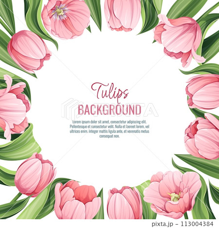 Template for greeting card, banner with pink tulips. Spring background for International Women s Day, March 8. Frame with delicate spring flowers. 113004384