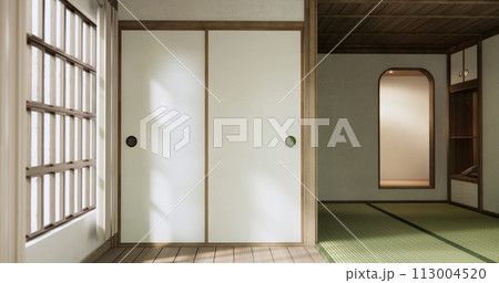 Shelf empty door on wall with tatami mat floor design Japan style. 113004520