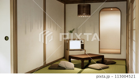 TV on canbinet low table in room Japanese style with lamp. 113004521