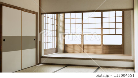 Nihon room design interior with door paper and tatami mat floor room japanese style. 113004551