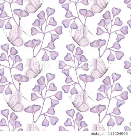 Seamless pattern simple abstract twig with purple hearts leaves, butterfly. Beautiful gentle clipart. Hand drawn watercolor illustration background. Botanical design for printing on fabric, textiles 113004666