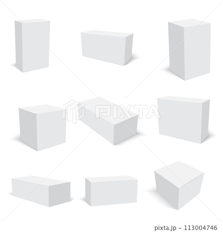 Realistic white box packaging isolated on white background. Vector 113004746