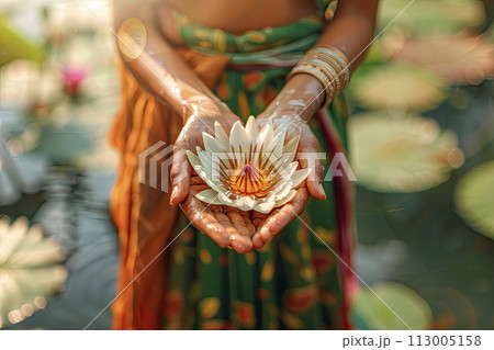woman's hands holding water Lilly or lotus flower. Vesak day, Buddhist lent day, Buddha Purnima and birthday worshiping concept. Ai geberative 113005158