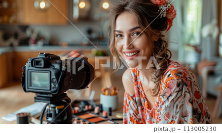 Beauty vlogger with makeup accessories, recording a tutorial in her kitchen. 113005230
