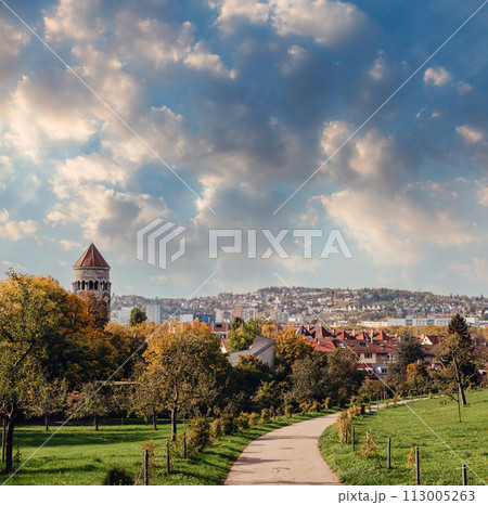 Germany, Stuttgart panorama view. Beautiful houses in autumn, Sky and nature landscape. Vineyards in Stuttgart - colorful wine growing region in the south of Germany with view over Neckar Valley Germany, Stuttgart panorama view. Beautiful houses in autumn, Sky and nature landscape. Vineyards in Stuttgart - colorful wine growing region in the south of Germany with view over Neckar Valley 113005263