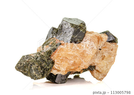 Macro of a mineral stone Vesuvianite on a white background 113005798