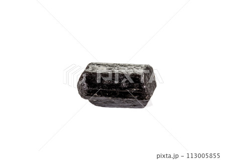 macro mineral stone schorl, black tourmaline on white background macro mineral stone schorl, black tourmaline on white background 113005855