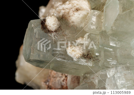 Macro stone Apophyllite mineral on black background 113005989