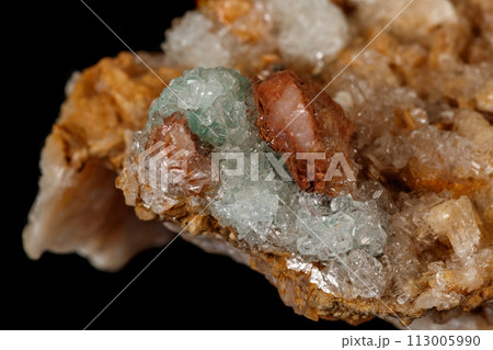 Macro stone Apophyllite mineral on black background 113005990