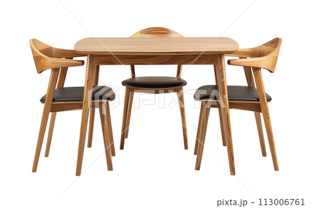 Mid-century modern dining set with wood table and chairs with leather upholstery, isolated on white background, ideal for chic interiors. Cut out dining room furniture. Front view. Generative AI. 113006761